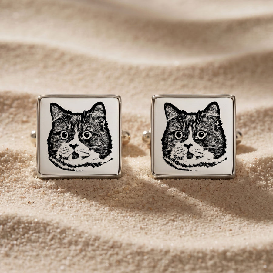 Custom Pet Photo Engraved Sketch Cufflinks Using Photo - Pet Face Cufflinks Mod Paws Silver