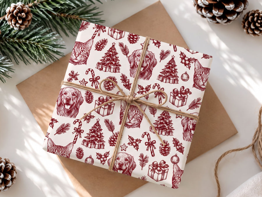 Custom Pet Toile Wrapping Paper - Pet Photo + Name wrapping paper Mod Paws 29'' x 20" One Red
