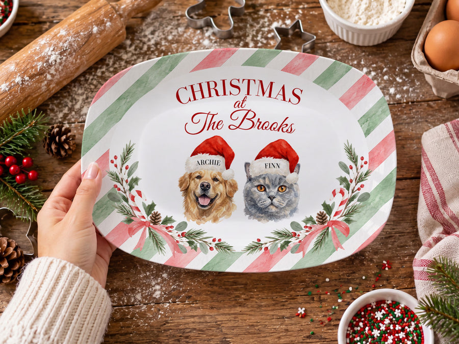 Custom Pet Stripe Christmas Cookie Platter - Pet Photo + Name Cookie Platter Mod Paws Platter only Candycane 1 Pet