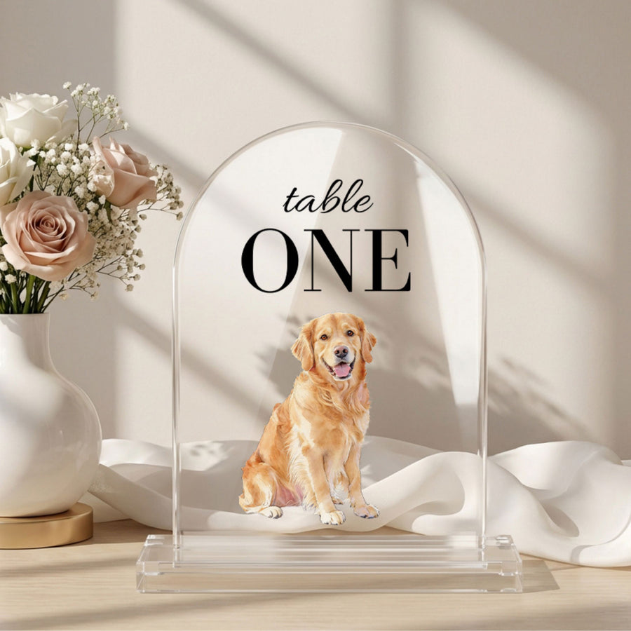 Custom Pet Acrylic Arch Wedding Table Number Sign - Pet Photo Memorial Plaque Mod Paws 5" x 7" Font One 1 pet
