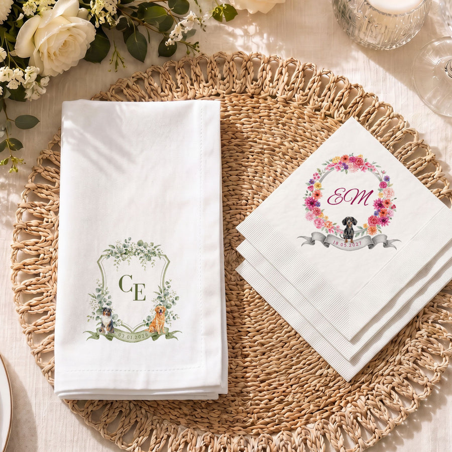 Custom Pet Photo Wedding Napkins Watercolor Crest Cocktail Serviettes Pet Napkins Mod Paws