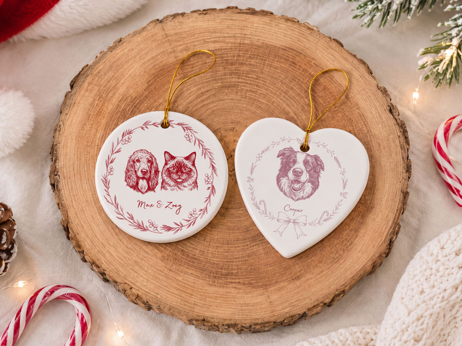 Custom Pet Sketch Wreath Ornament- Pet Photo + Name Pet Ornaments Mod Paws