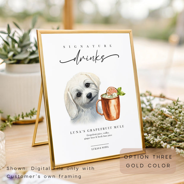 Custom Watercolor Pet Wedding Cocktail Sign Plaque -Pet Photo + Name Pet Portraits Mod Paws 