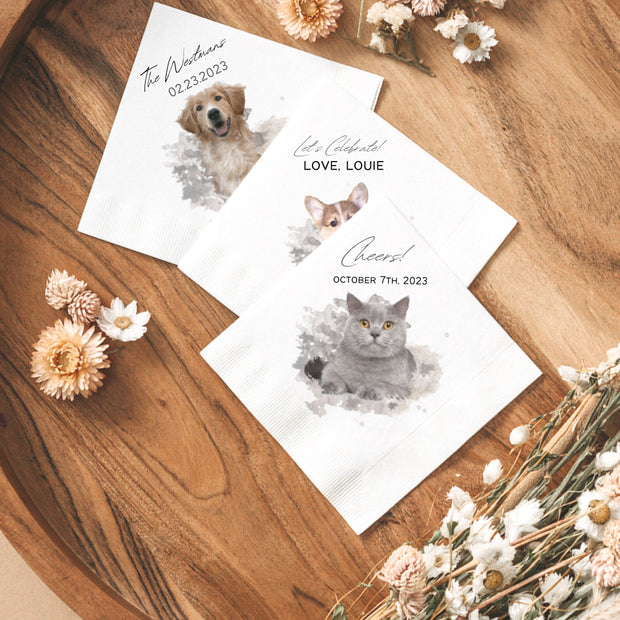 Custom Watercolor Pet Cocktail Napkins - Pet Photo + Name Pet Napkins Mod Paws 