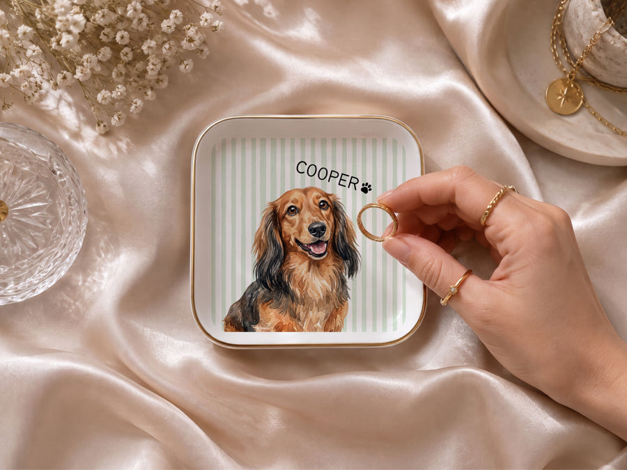 Custom Pet Striped Jewellery Tray- Pet Photo + Name jewelry tray Mod Paws Handwriting Green 1 Pet