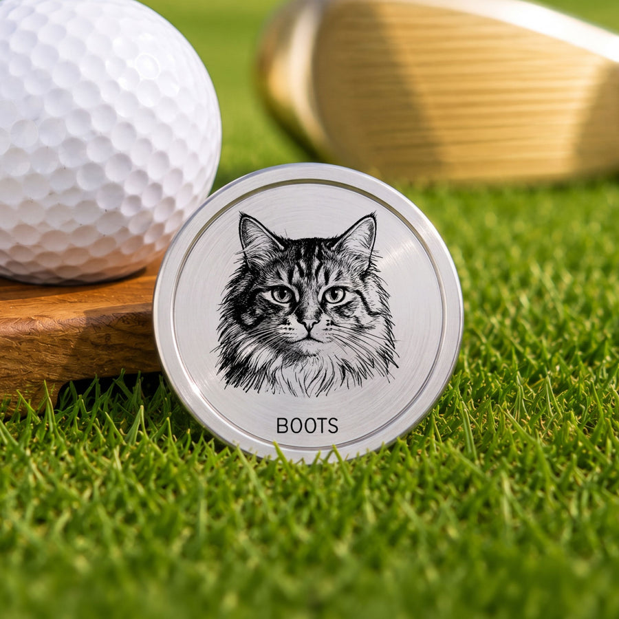 Custom Pet Sketch Golf Ball Marker Engraved Stainless Steel - Pet Photo + Name Golf Ball Marker Mod Paws Silver Modern