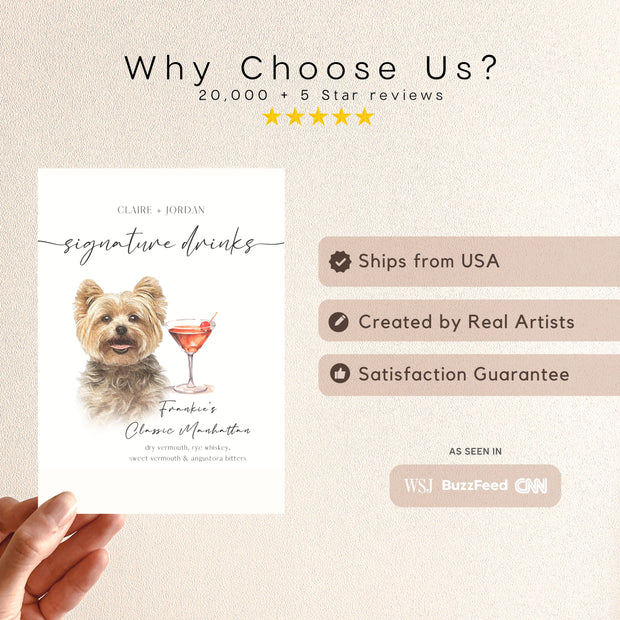 Custom Watercolor Pet Wedding Cocktail Sign Plaque -Pet Photo + Name Pet Portraits Mod Paws 