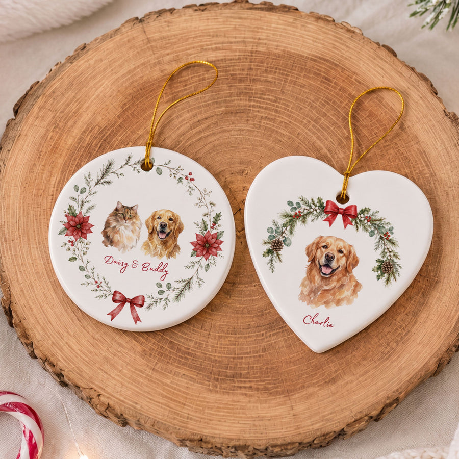 Custom Dog Watercolor Wreath Shaped Ornament- Pet Photo + Name Pet Ornaments Mod Paws