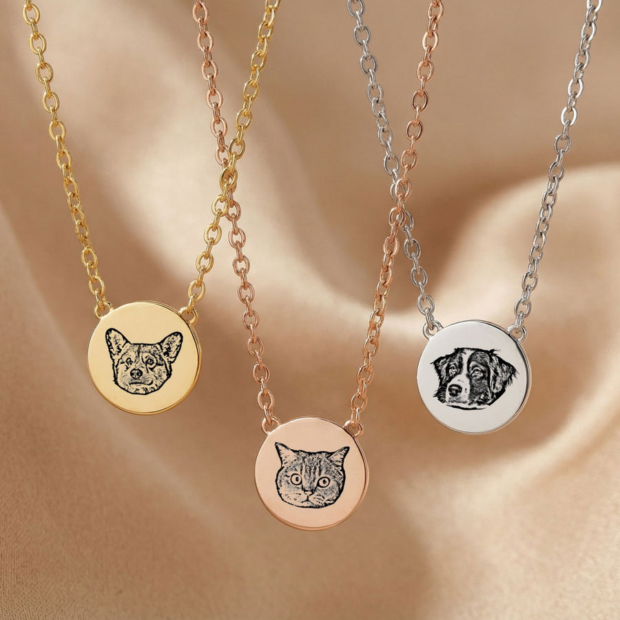 Custom Pet Mini Circle Engraved Necklace - Pet Face Pet Necklace Mod Paws