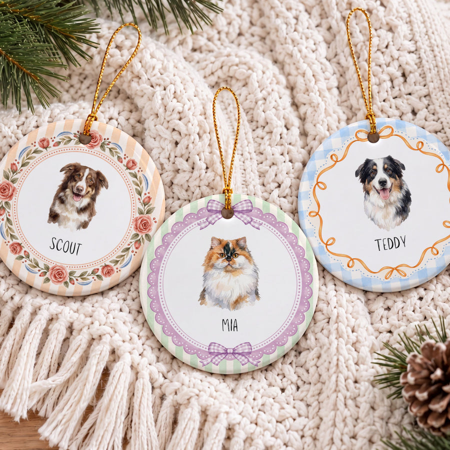 Personalized Pet Photo Ceramic Christmas Ornament - Custom Dog Watercolor Wreath Pet Ornaments Mod Paws