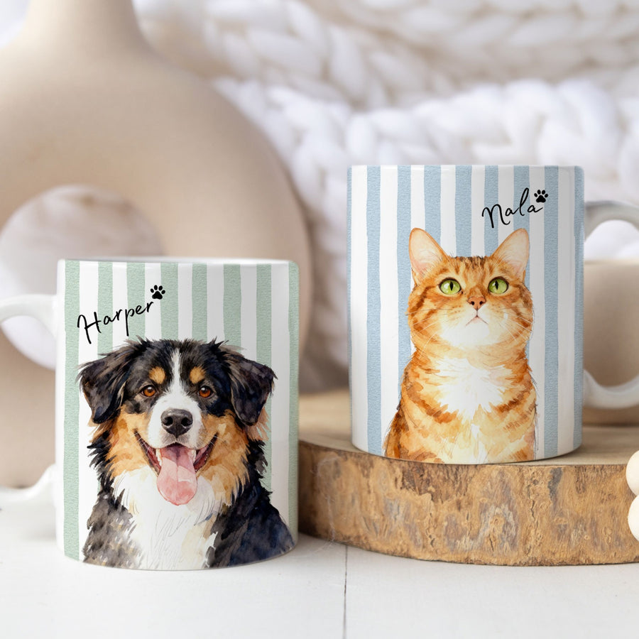 Custom Pet Watercolor Stripe Mug - Pet Photo + Name Pet Mugs Mod Paws