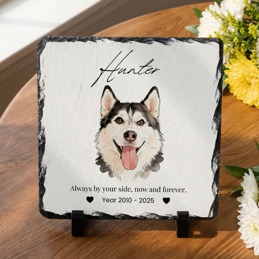 Custom Pet Memorial Slate Plaque Stone - Pet Photo + Name Memorial Plaque Mod Paws