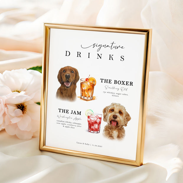 Custom Watercolor Pet Wedding Cocktail Sign Plaque -Pet Photo + Name Pet Portraits Mod Paws 