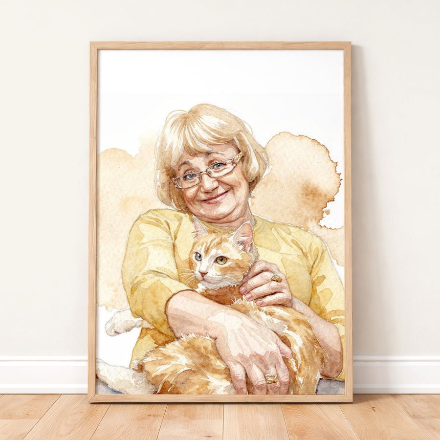 Custom Watercolor Mother's Day Pet Portrait - Woman + Pet Photo Pet Portraits Mod Paws