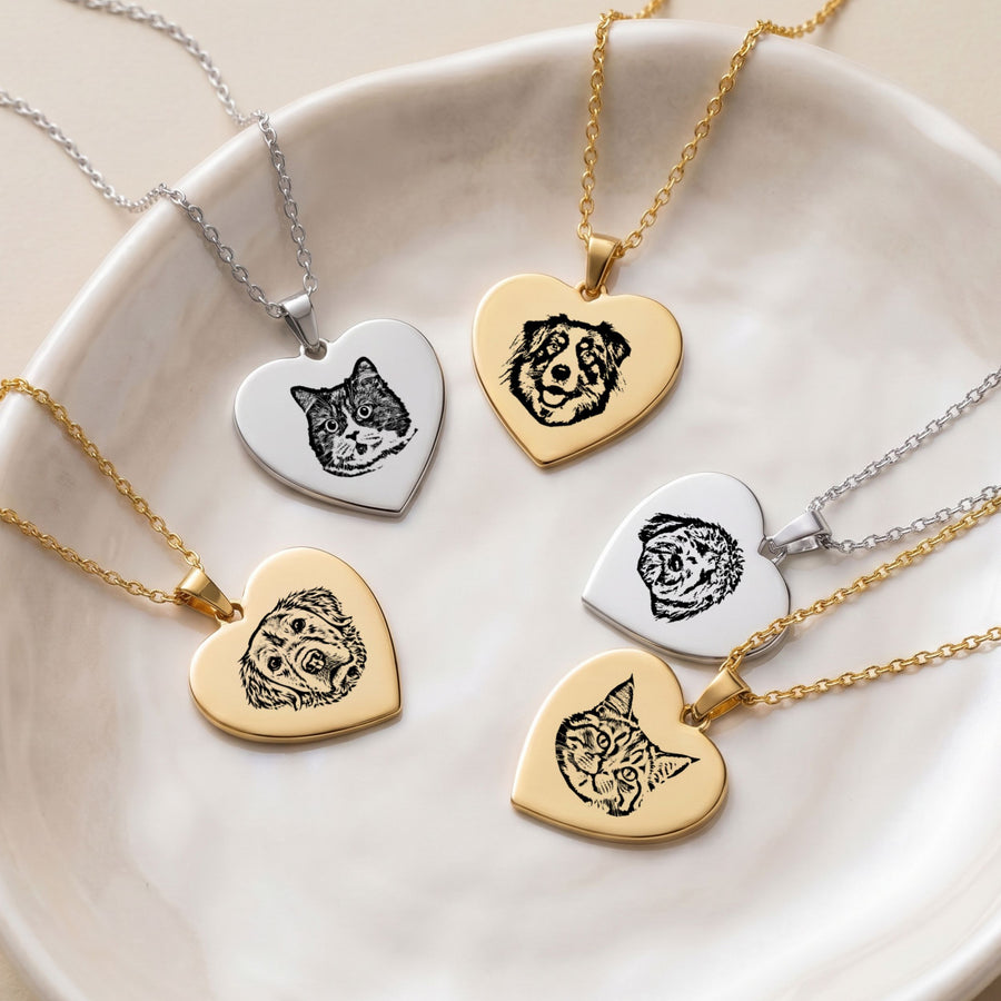 Custom Pet Engraved Sketch Heart Necklace - Pet Face Pet Necklace Mod Paws