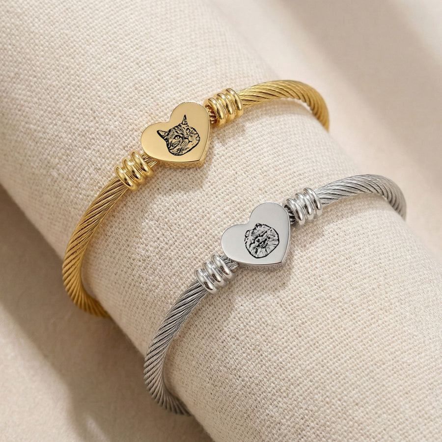 Custom Pet Heart Cuff Engraved Bracelet - Pet Face Pet Bracelet Mod Paws