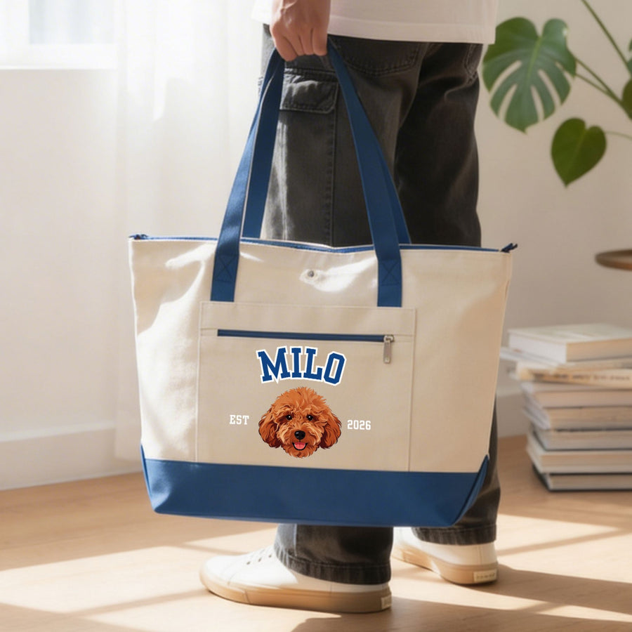 Custom Pet Zippered Varsity Tote Bag - Pet Photo + Name Pet Tote Bag Mod Paws