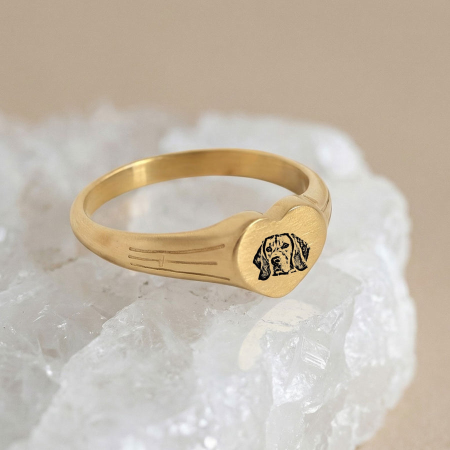 Custom Pet Heart Signet Engraved Ring - Pet Face Pet Ring Mod Paws