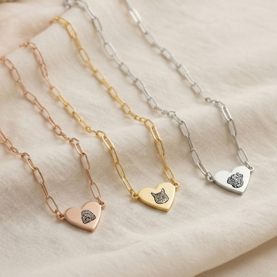 Custom Pet Paperclip Heart Engraved Necklace - Pet Face Pet Necklace Mod Paws