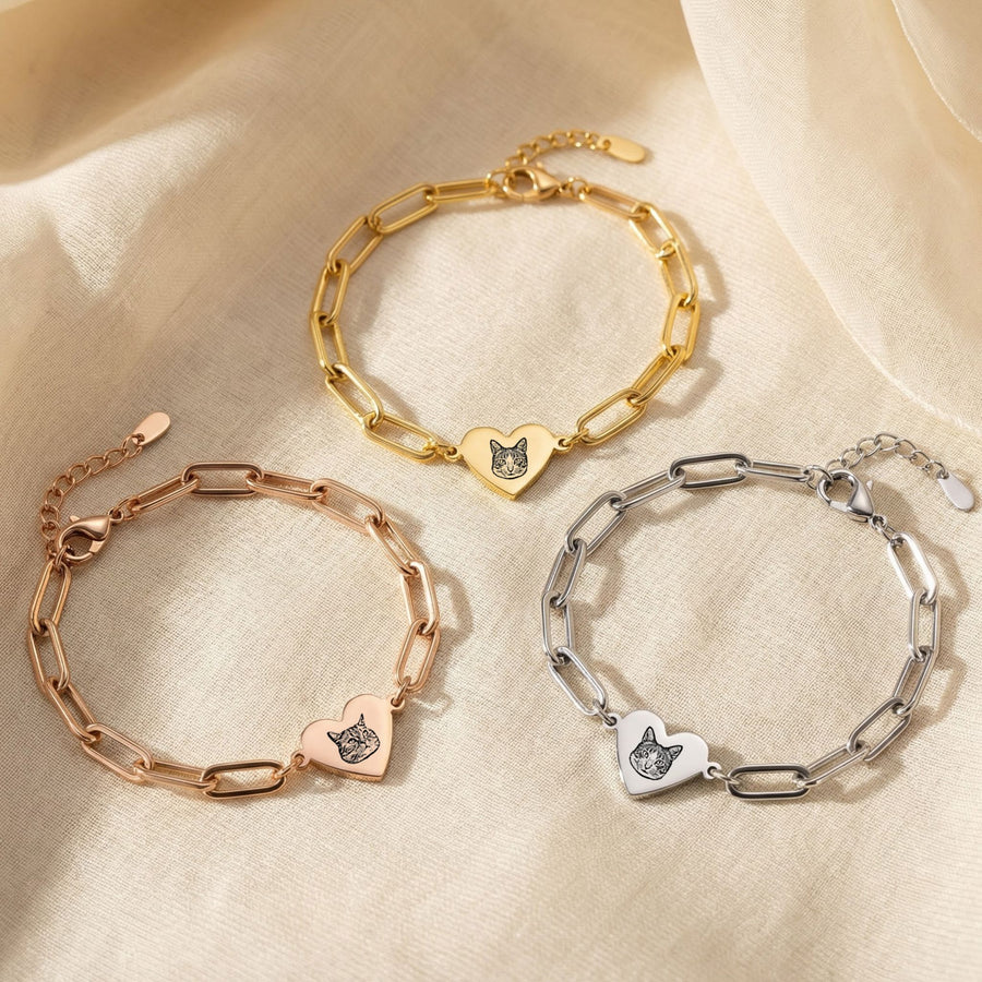 Custom Pet Paperclip Heart Engraved Bracelet - Pet Face Pet Bracelet Mod Paws