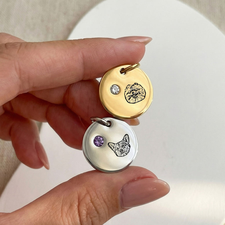 Custom Birthstone Circle Pet Charm Engraved Pendant - Pet Face Pet Gemstone Mod Paws