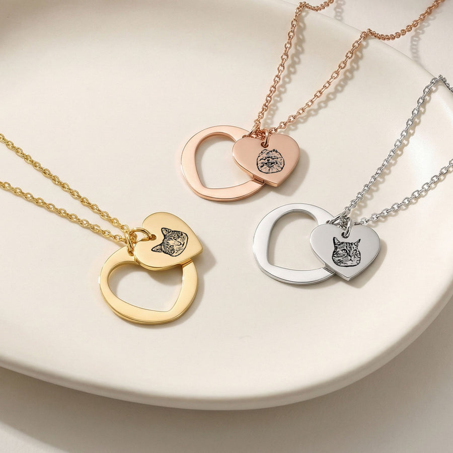 Custom Pet Heart Cutout Engraved Necklace - Pet Face Pet Necklace Mod Paws