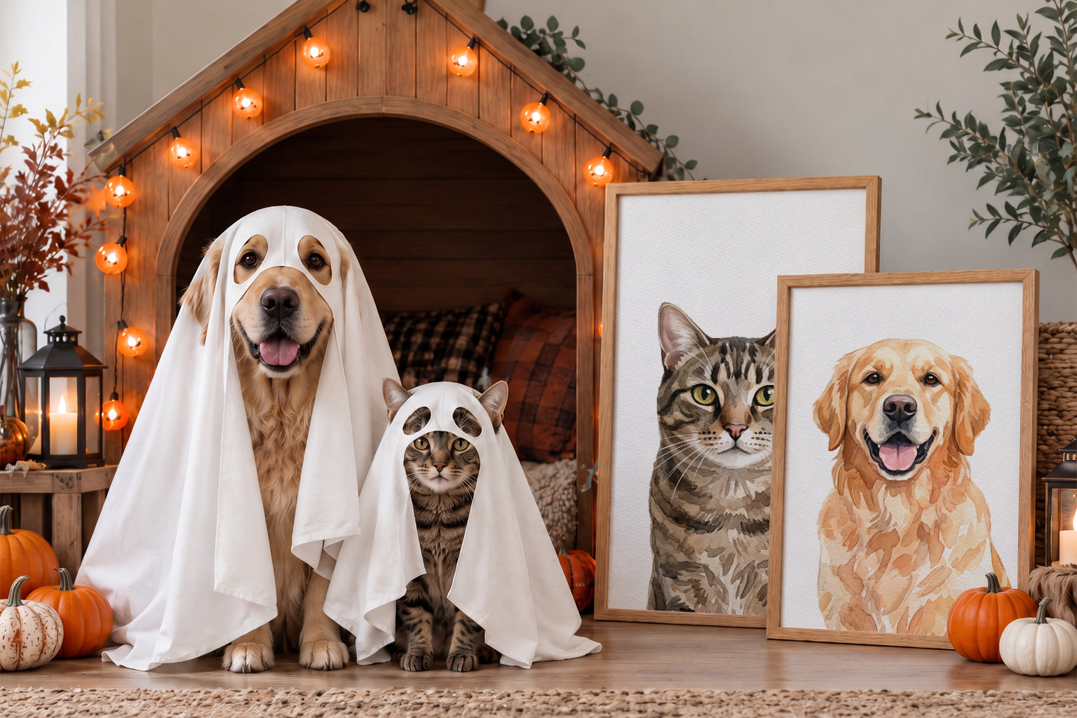 A dog and cat relaxing together in a warm, refined home
