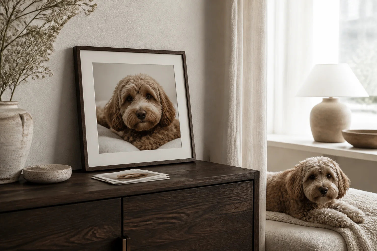A custom pet portrait displayed beside the pet who inspired it