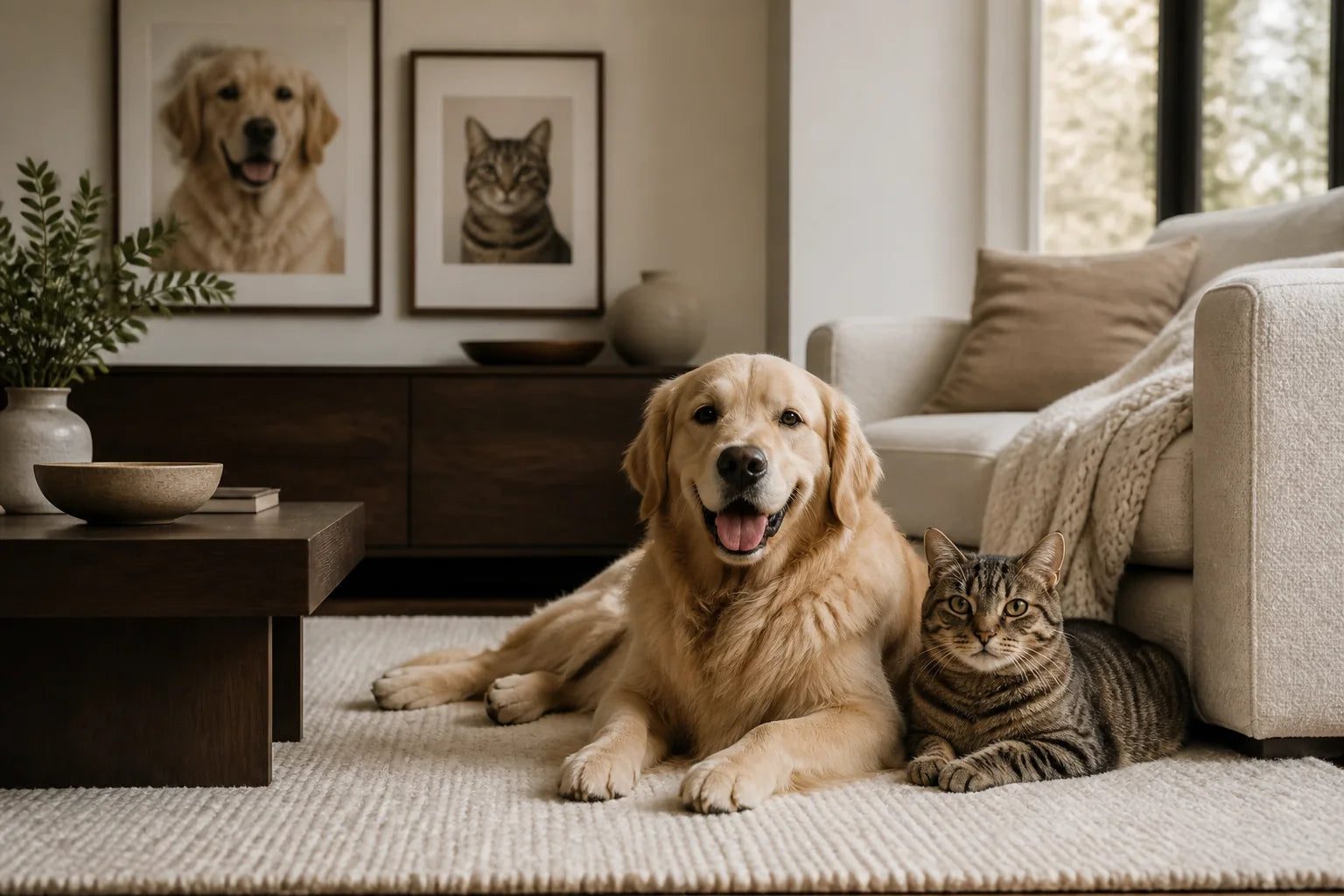 A dog and cat relaxing together in a warm, refined home